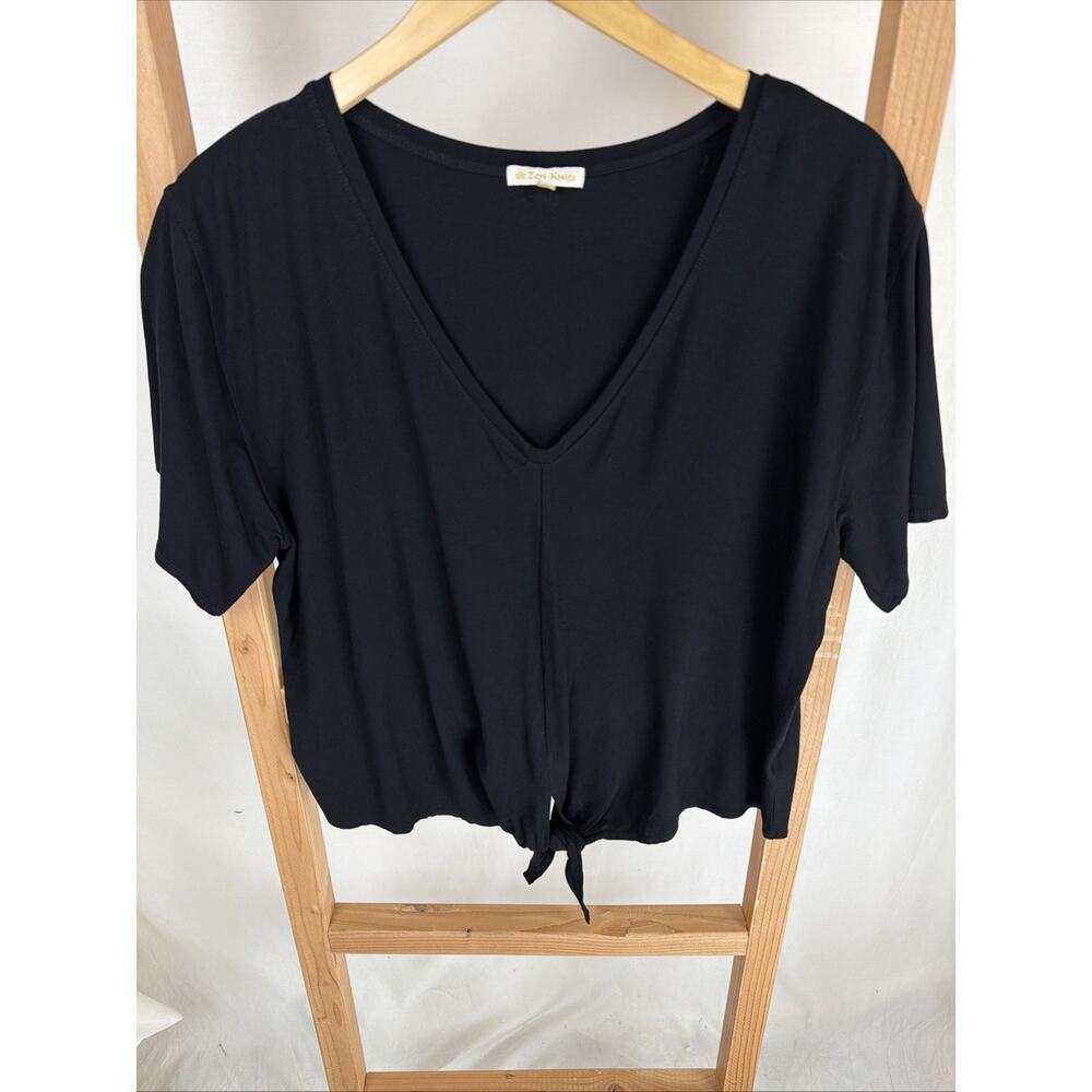NWT Zen Knit Black Short Sleeve V-Neck Tied Front Hem Cropped Top #0934 XXL